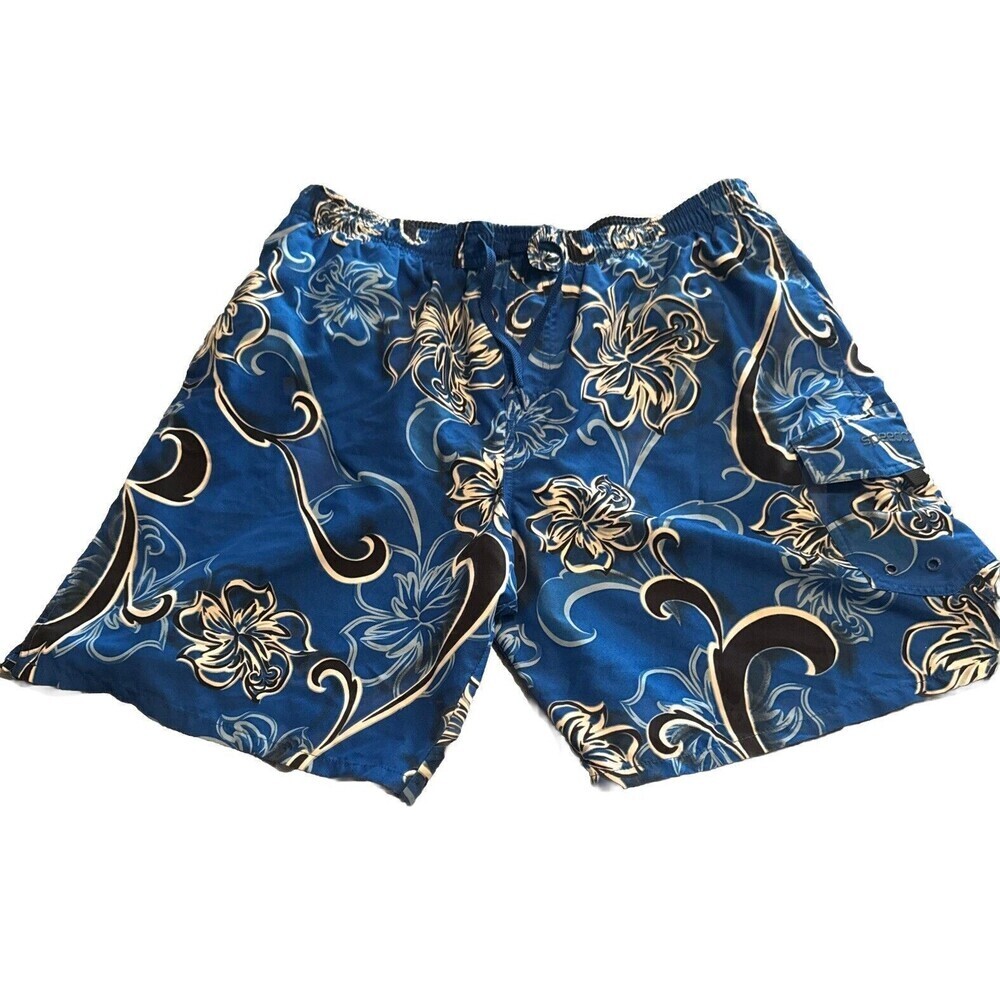 Men’s Speedo‎ BLUE Floral Mesh Lined Elastic Drawstring Pockets Swim Trunks XL